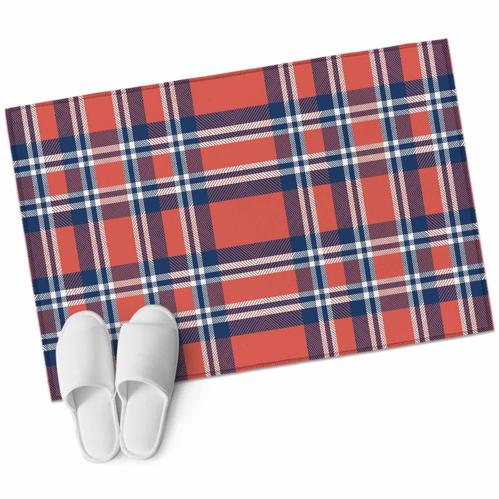 Orange Blue Bathroom Mats 2x3 FT, Non Slip Small Kitchen Mat, British Style Buffalo Plaid Lattice Washable Soft Backed Front Door Throw Rugs Non-Shedding Indoor Outdoor Doormat for Entryway Sink