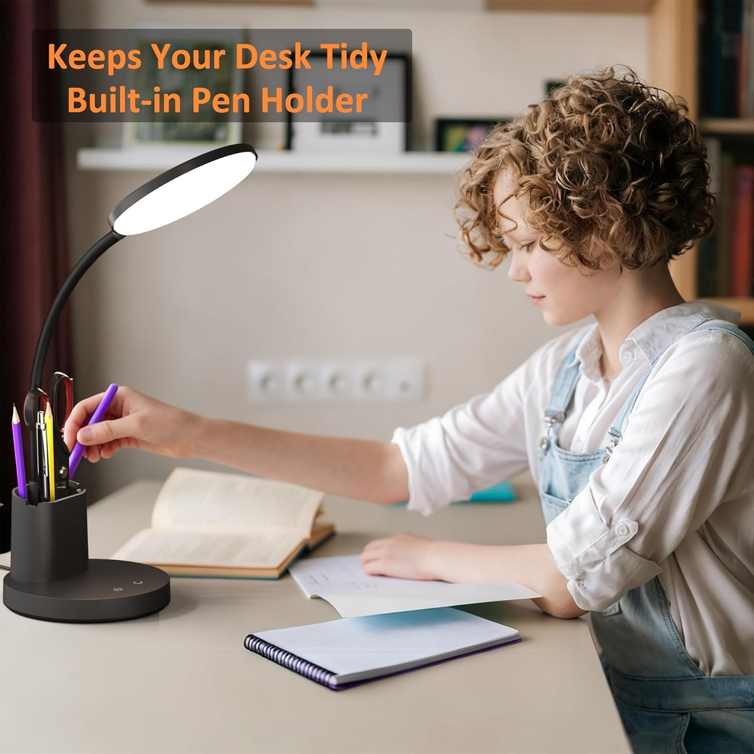 Desk Lamp, LED Desk Lamps for Home Office, Touch Table Lamp with 3 Color Modes 360° Adjustable Arm, Dimmable Desk Light with Pen Phone Holder for College Dorm, Black