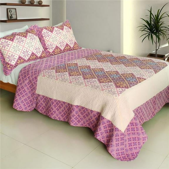 Lucky Ring - 100 Percent Cotton  3 Pieces Vermicelli-Quilted Patchwork Quilt Set  Full & Queen Size - Purple