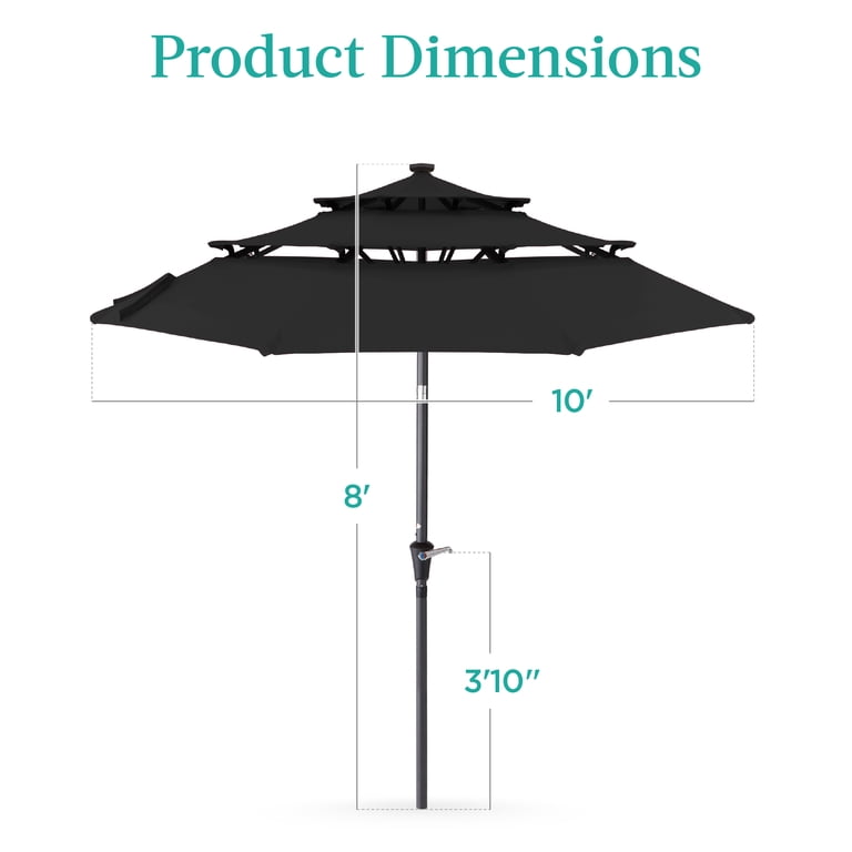 Best Choice Products 10ft 3-Tier Solar Patio Umbrella w/ 24 LED Lights, Tilt Adjustment, Easy Crank - Black
