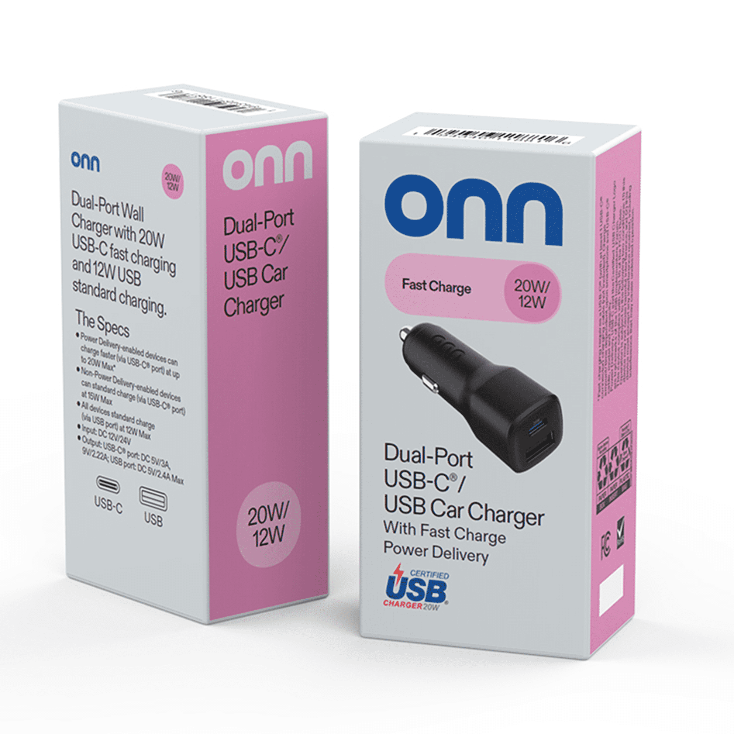 onn 32W USB-C/USB-A Dual Port Fast Car Charger, USB IF Certified
