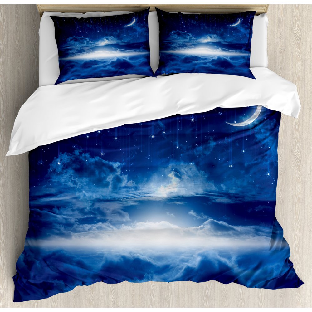 Fantasy Duvet Cover Set, Night Sky with Moon Falling Stars Clouds Horizon Mysterious Space Art