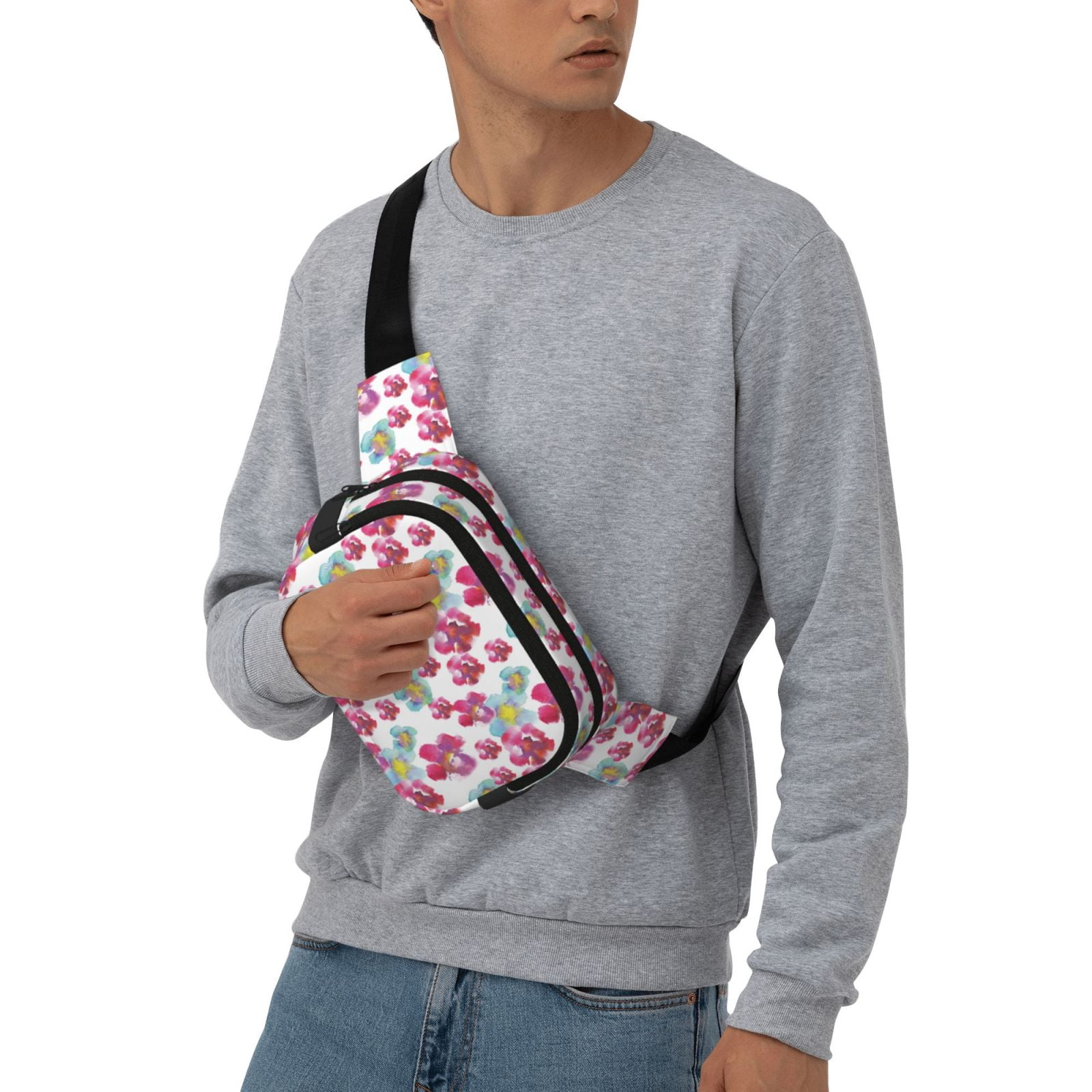 Picia Watercolor Flowers Print Square Double-Layer Waist Bag Mini Adjustable Waist Belt Bag Exercise Running Travel Hiking