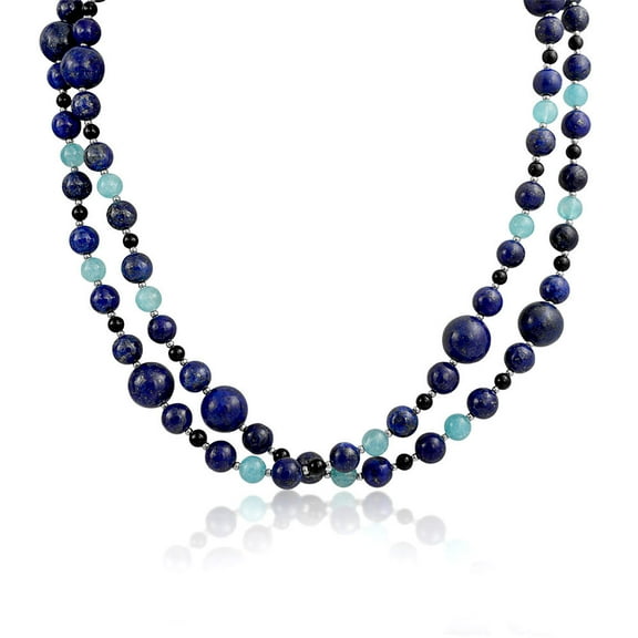Bling Jewelry Womens Long Wrap Layered Aqua Quartz & Lapis Onyx Gemstone Strand Necklace 40 Inch