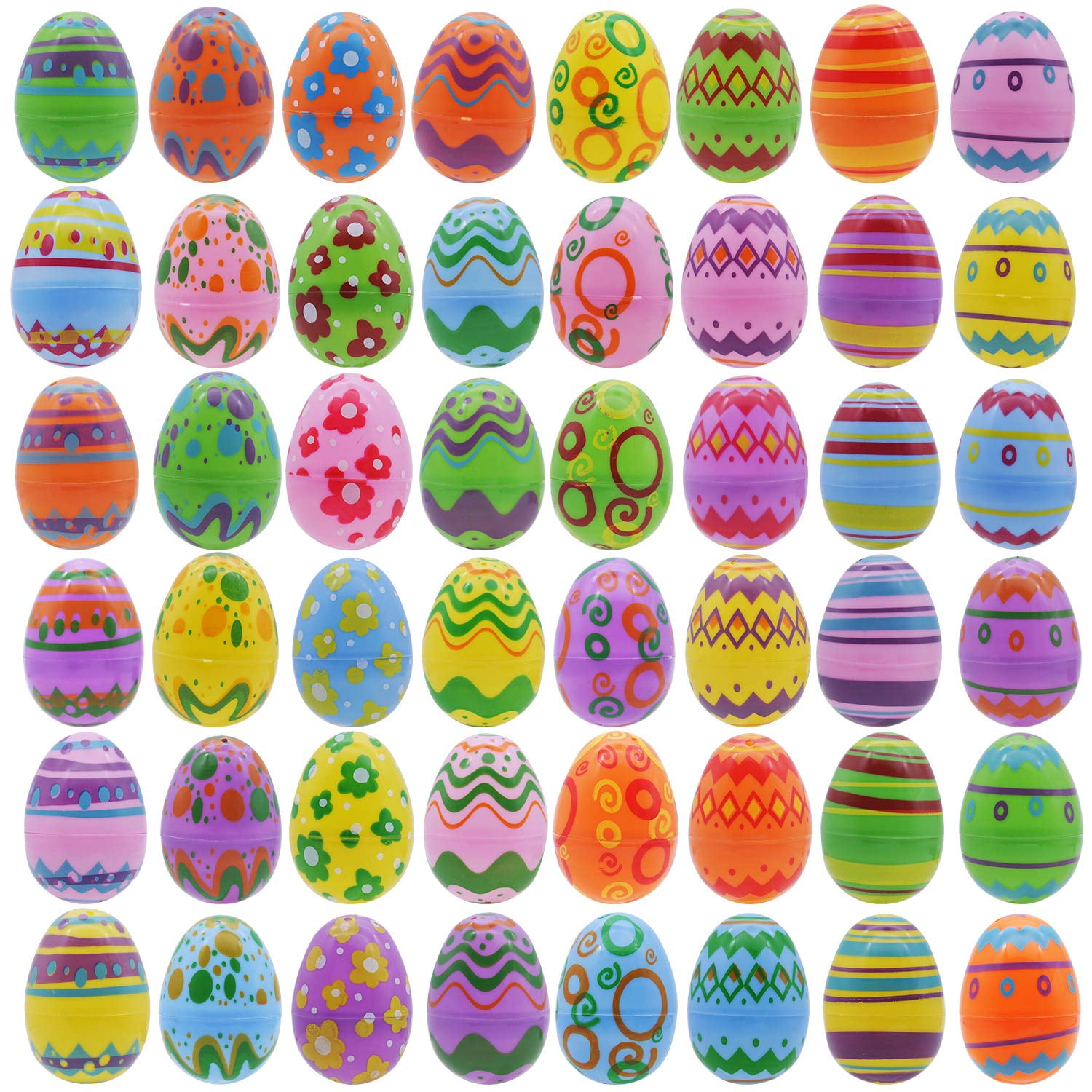 Joyfy 48 Pcs Bright Easter Eggs, 2.3" Tall Emply Plastic Printed Easter Eggs for Easter Egg Hunt, Basket Stuffers Fillers, Classroom Prize Supplies, Filling Treats and Party Favor