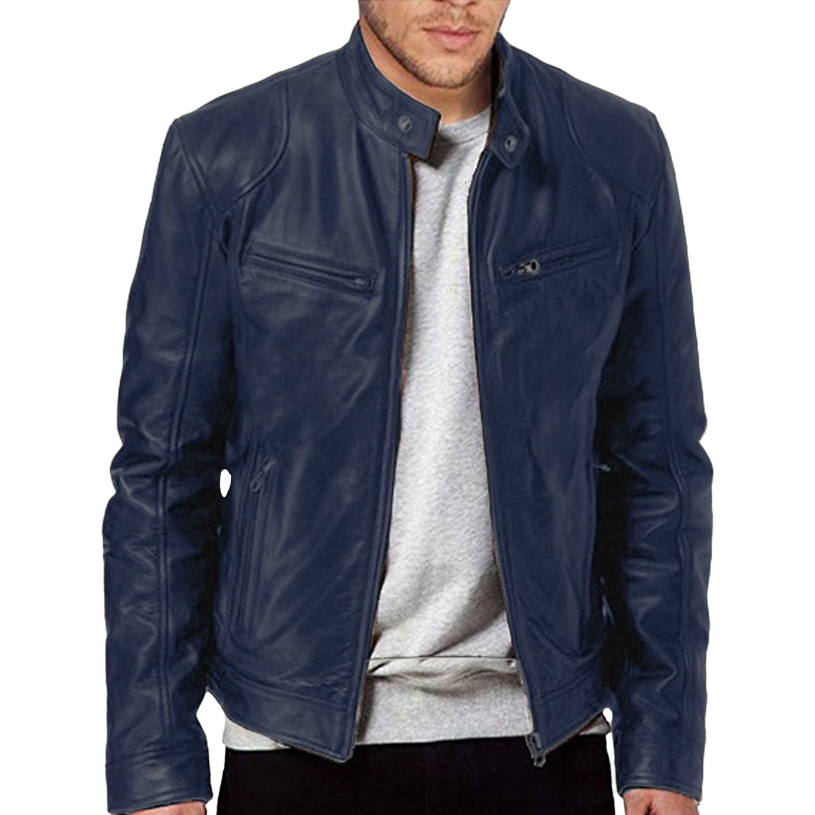 Mens Retro Faux Leather Jacket Varsity Baseball Bomber Jacket Zip Up Fall Winter Tops Blue XXXXXL