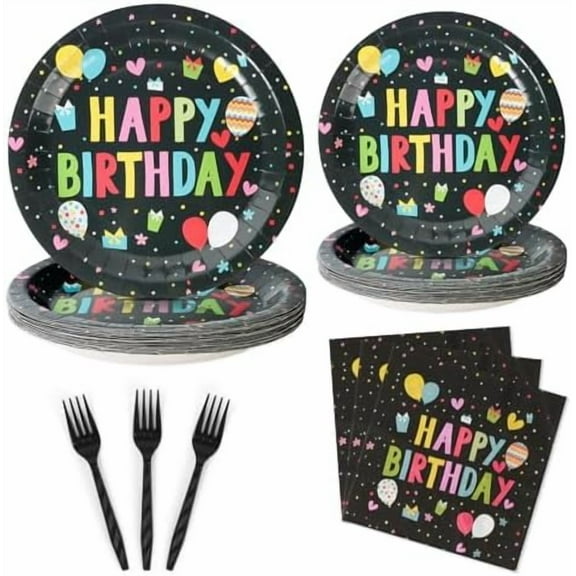 96 Pcs Birthday Plates and Napkins Party Supplies, Black Happy Birthday Party Paper Plates and Napkins Sets for Kids, Serve for 24 Guests, Black Coloful