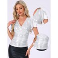 thumbnail image 2 of DARING DIVA Women's Metallic V Neck Ruffle Sleeve Shiny Wrap Blouse L Silver, 2 of 6