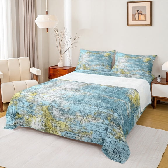 Manfei Watercolor Abstract Twin Sheet Sets,Modern Grunge Pastel Aesthetic Twin Fitted Sheet,Blue Green White Flat Sheet For Girl Kids,Breathable Home Decor,3-Piece