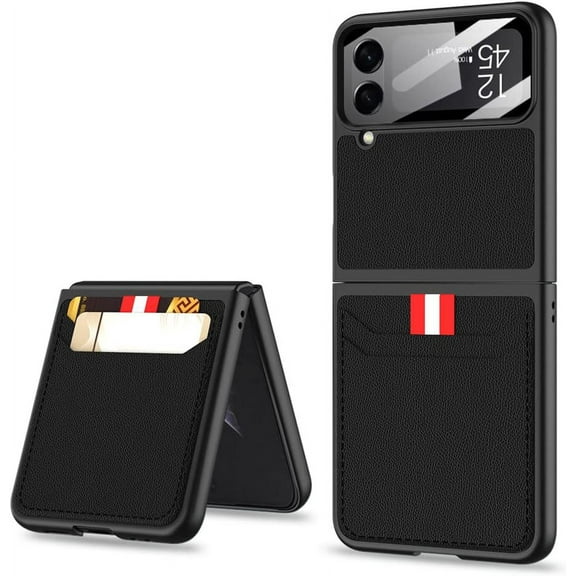 case for Samsung Flip 4 Case, Galaxy Z Flip 4 Case with Leather Wallet Card Holder Phone Case Compatible with Samsung Galaxy Z Flip 4 5G, Black