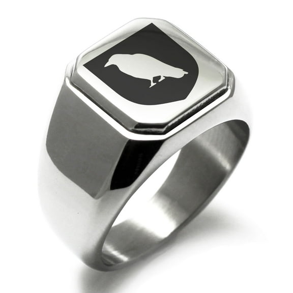 Tioneer Stainless Steel Raven Bringer of Death Coat of Arms Shield Engraved Square Flat Top Biker Style Polished Signet Ring