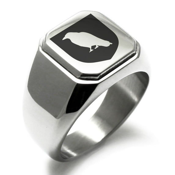 Stainless Steel Raven Bringer of Death Coat of Arms Shield Engraved Square Flat Top Biker Style Polished Signet Ring