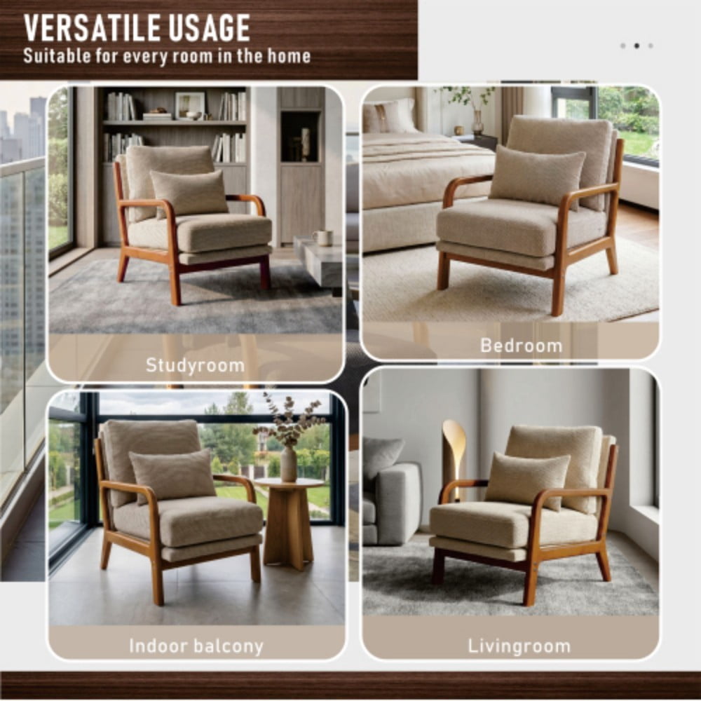 Wooden Lounge Chair, Modern Upholstered Accent Chair with Solid Wood Armrests, High-Density Foam Cushion, Reclined Backrest for Living Room, Bedroom & Office, Camel