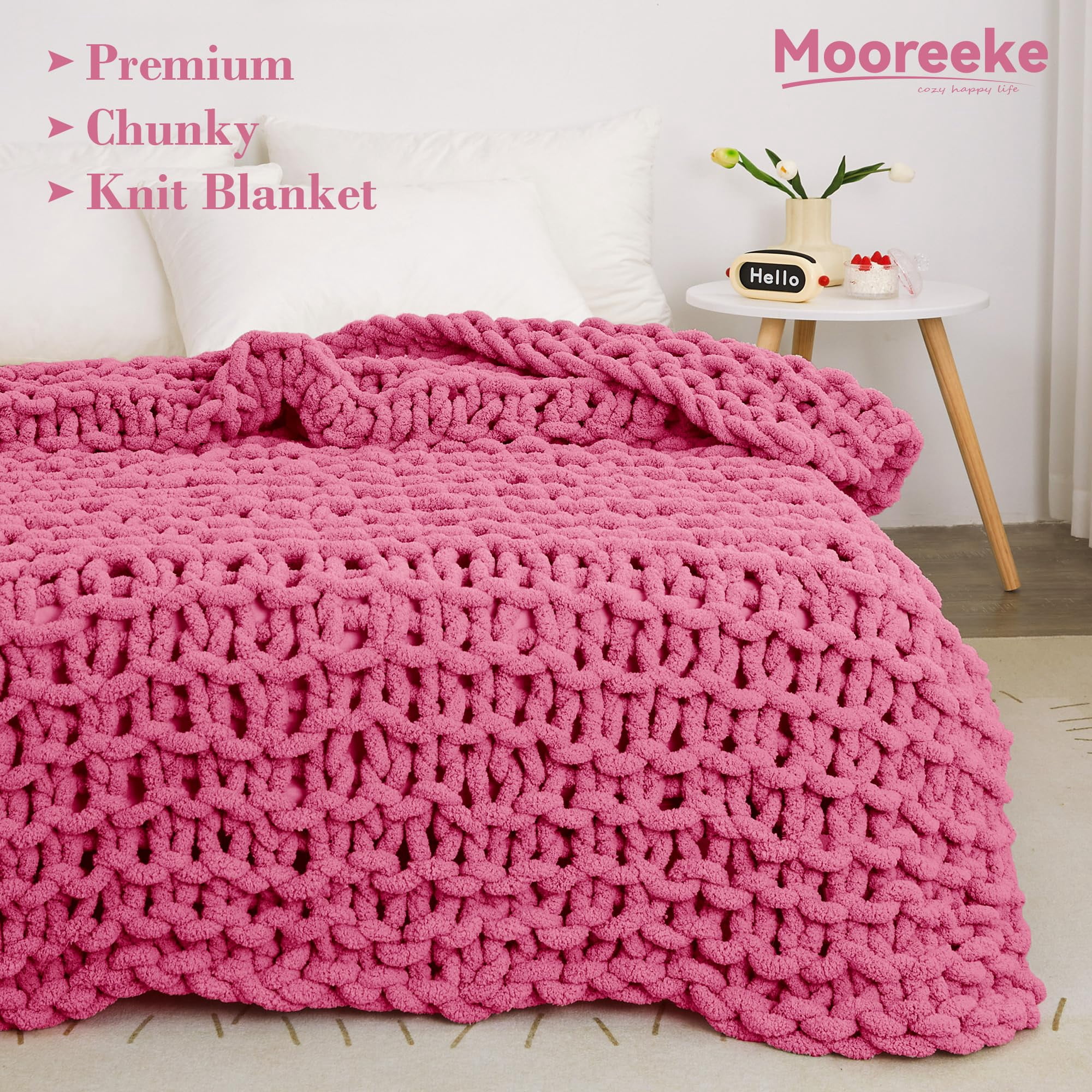 Viviland Chunky Knit Chenille Throw Blanket 40"x50" Rose Soft Washable 100% Handmade for Couch Bed Sofa Room Decor