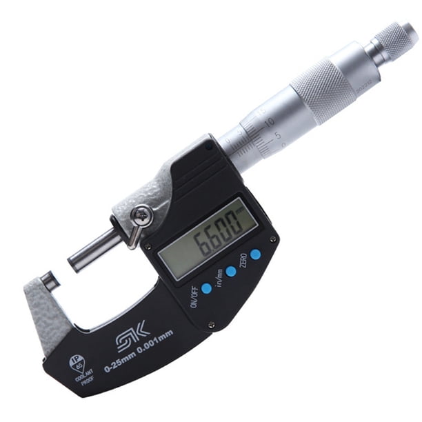 Micrómetro digital IP65, resistente al agua, precisión de 0,001 mm, rango de medición de 0 a 25 mm.