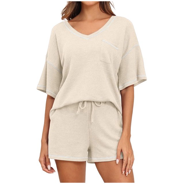 FAIWAD Ensemble de Pyjama Col en V pour Femmes Manches Courtes Crop Tops avec Shorts Ensemble de Détente 2 Pcs