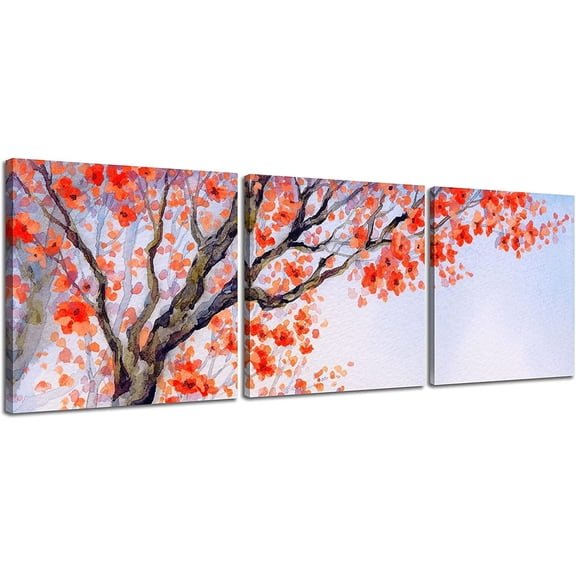 3 Panels Modern Giclee Canvas Prints Small Size Traditional Chinese Painting of Plum Blossom Canvas Prints Wood Framed Red Plum Blossom Wall Art Plum Flowers Print Painting