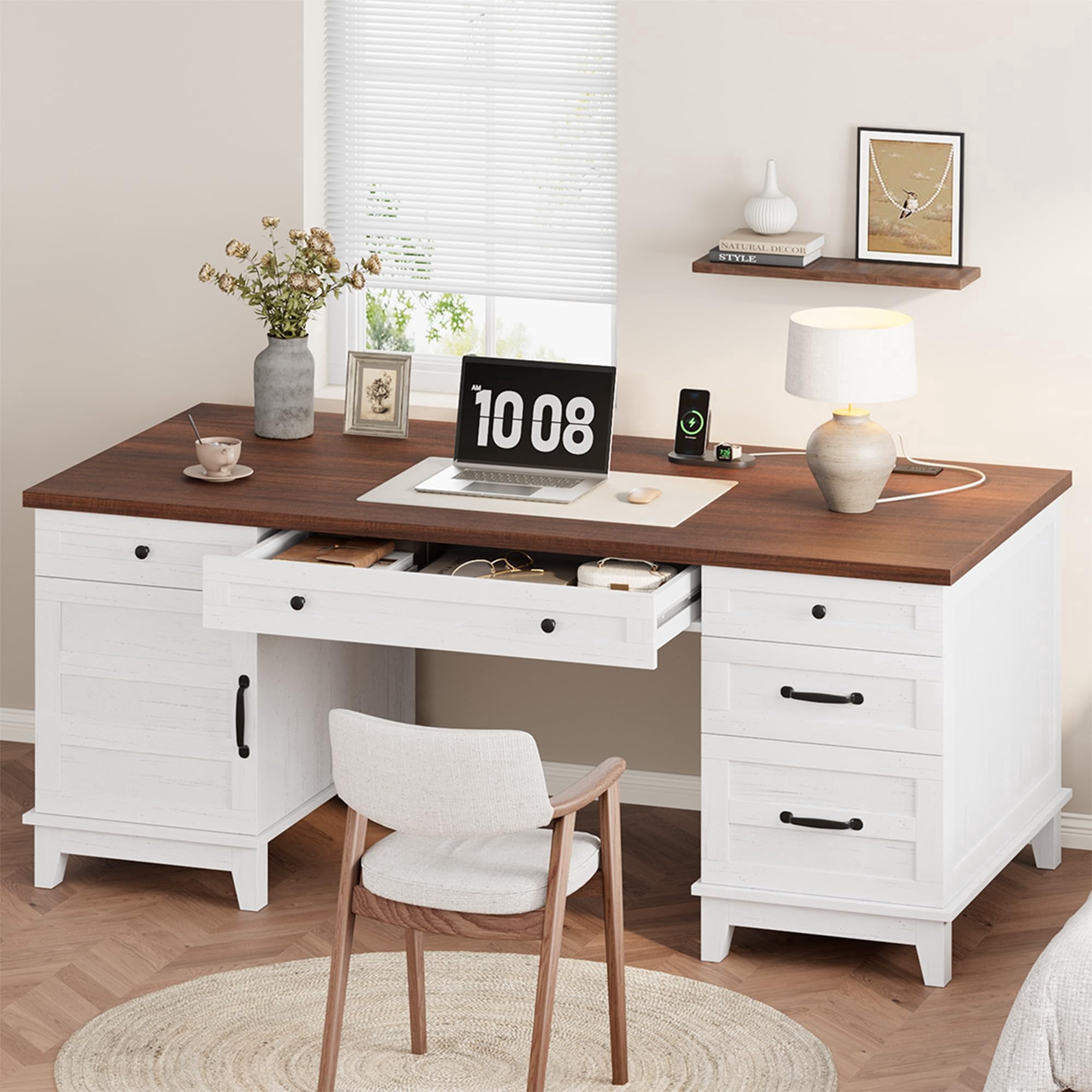 Farmhouse Executive Wood Desk 60" – Writing Table with Drawers & Power Outlets for Home Office