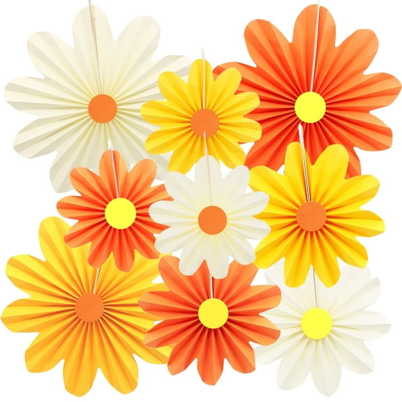 9 Pcs Orange Yellow Fan-Shaped Daisy, Hanging Paper Flowers for Home Wall, Backdrop, Baby Shower, Wedding, Birthday Party Decoration Supplies (3 Sizes)