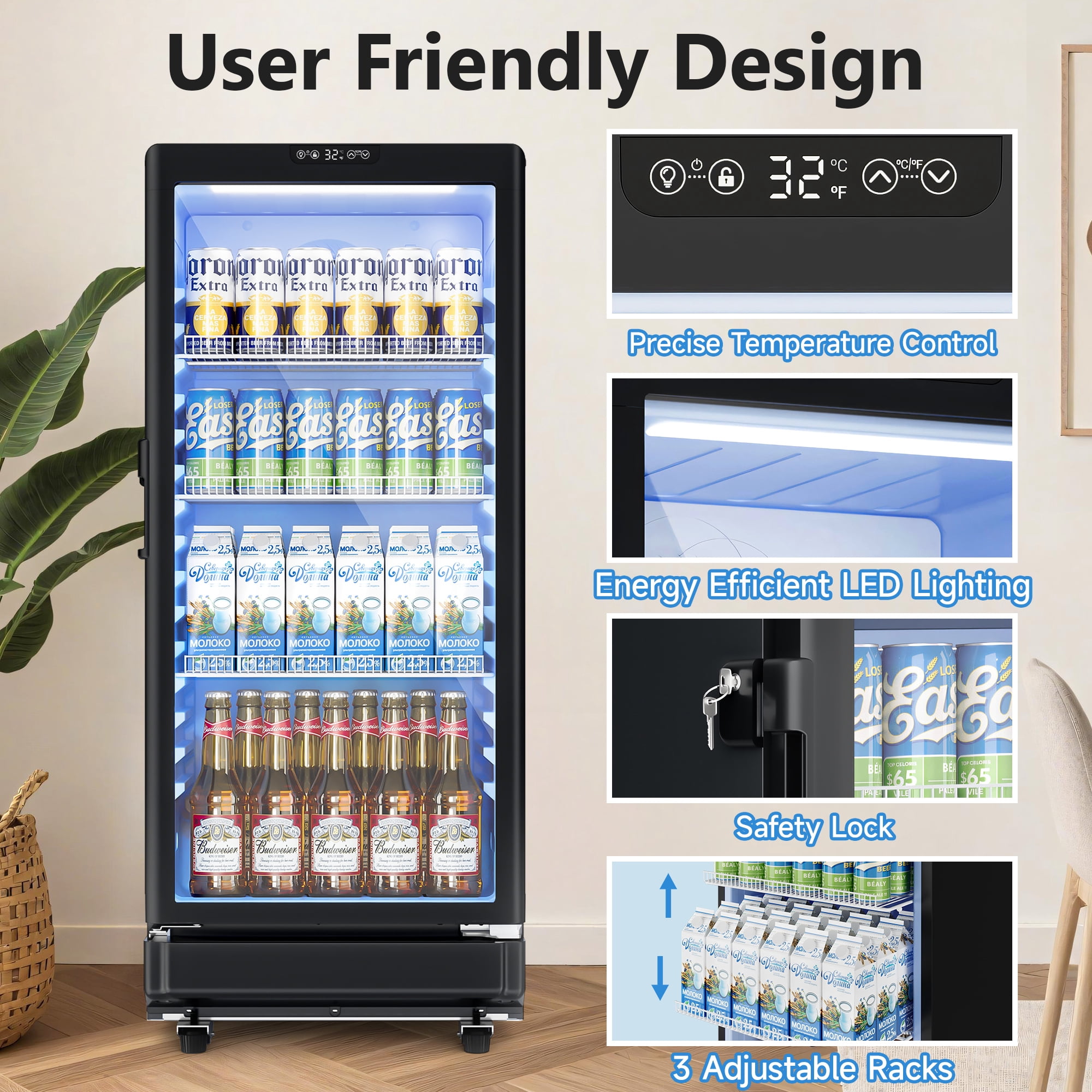 Simzlife Commercial&Residential Merchandiser Refrigerator, Outdoor Beverage Refrigerator with Double-Tempered Glass Door, Beverage Cooler for Bar, Office, Restaurant