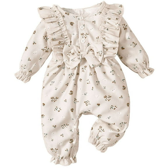 Mikrdoo Infant Baby Girls Romper 12 Months Girls Floral Print Jumpsuit 18 Months Girls Bow One Piece Bodysuits Apricot