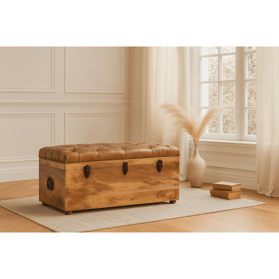 Solid Wood Buffalo Hide Oak-ish Storage Trunk, Leather Upholstered, Brown and Tan
