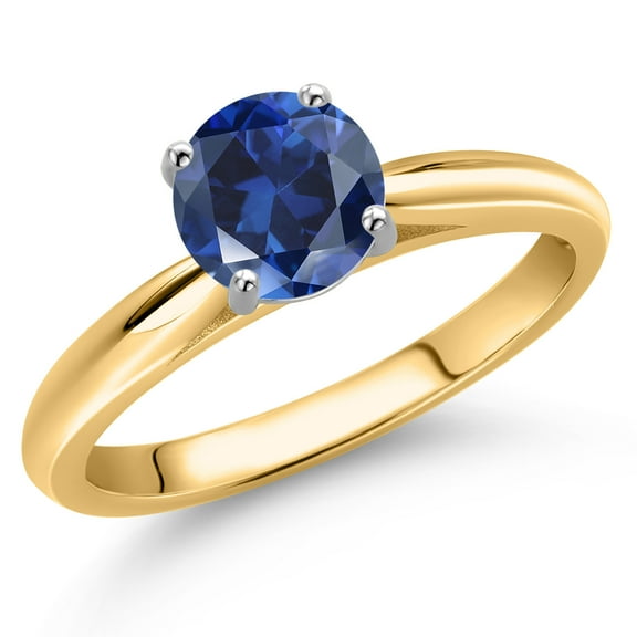 Gem Stone King 10K Two Tone Gold Blue Created Sapphire Solitaire Engagement Ring for Women | 1.00 Cttw | Round 6MM | Gemstone September Birthstone | Size 8