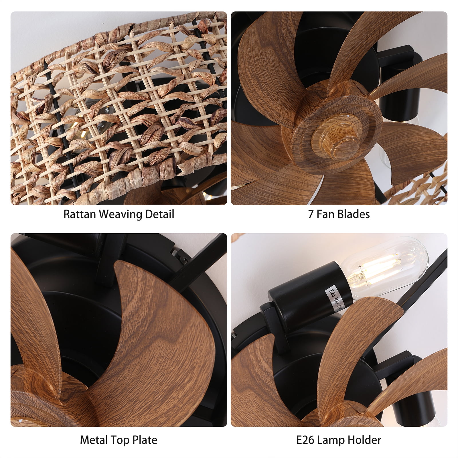 Garwarm 19.6" Boho Rattan Ceiling Fan with Lights, 4-Light Flush Mount Fandelier with Remote, Low Profile Caged Ceiling Fan, Reversible Enclosed Bladeless Fan for Bedroom Living Room