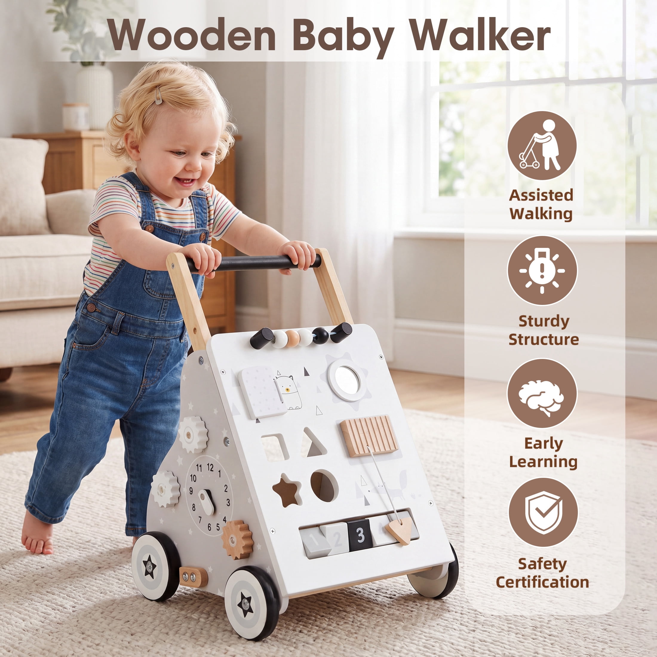 Jolie Vallee Wooden Baby Walker,Push Walker with Activity Center,Push Wlakers for Babies 12 M+,Adjustable Speed and Height Walkers for Boys/Girls