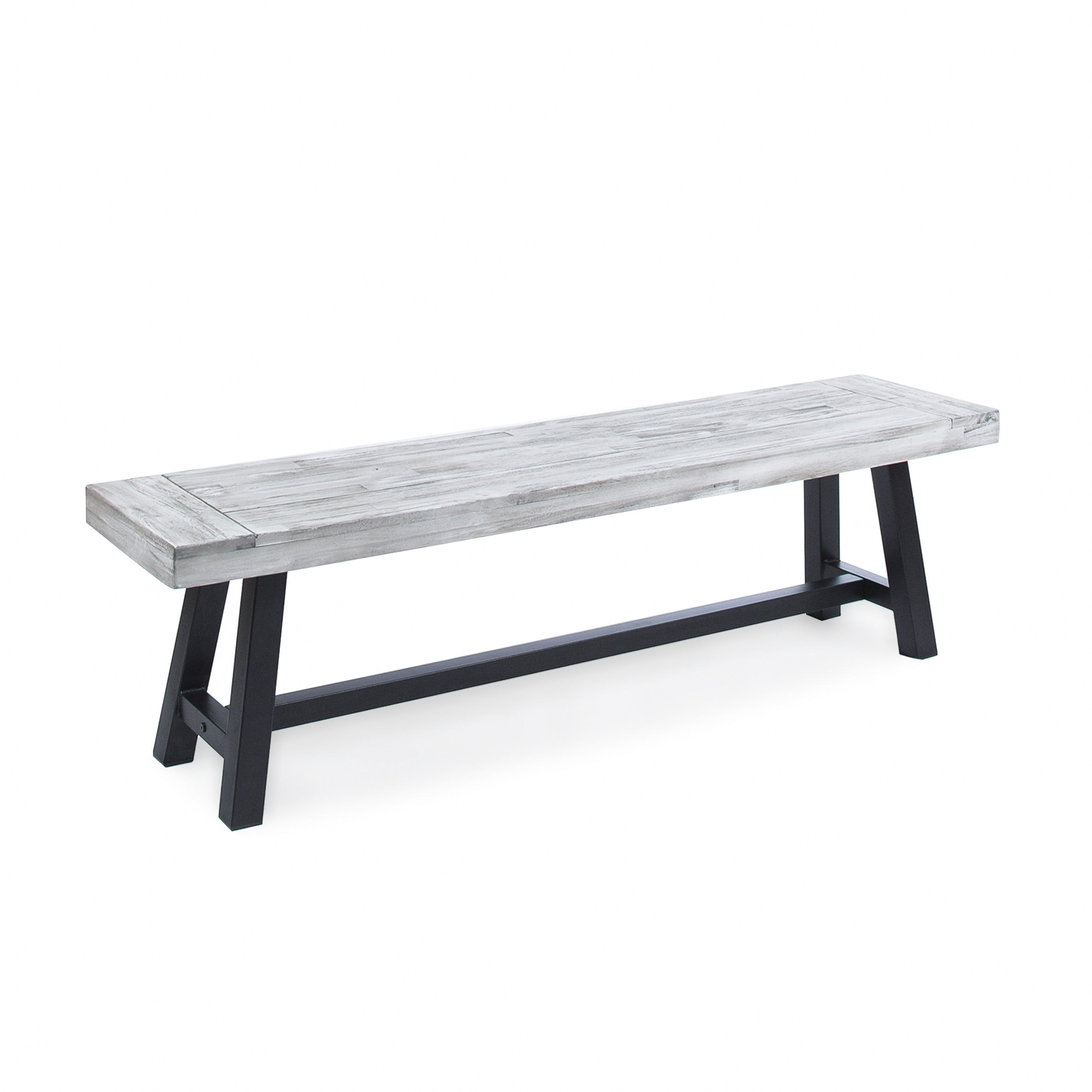 Outdoor Solid Wood Leisure Bench Set of 2, Sandblast Finished Acacia Wood Rest Seats for Patio Garden, Sandblasted Light Gray and Black