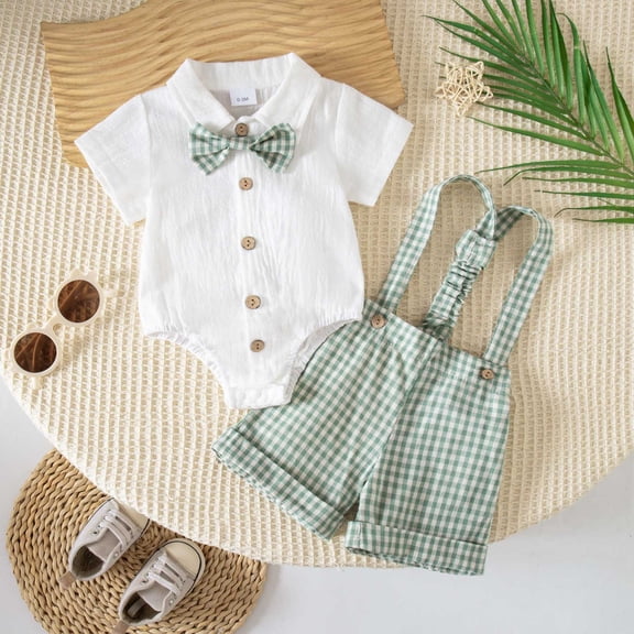 ATOGUTA Cute Outfits for Boys Summer Button Down Romper Shirts and Plaid Overalls with Adjustable Straps Size 0-18M Kis Trendy Clothes Green