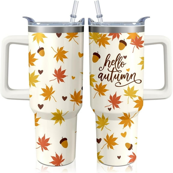 40oz Autumn Gift Fall Tumbler with Handle and straw, Pumpkin Maple Orange Leaves Stainless Steel Insulated Cup, Coffee Mug Water Bottle for Thanksgiving