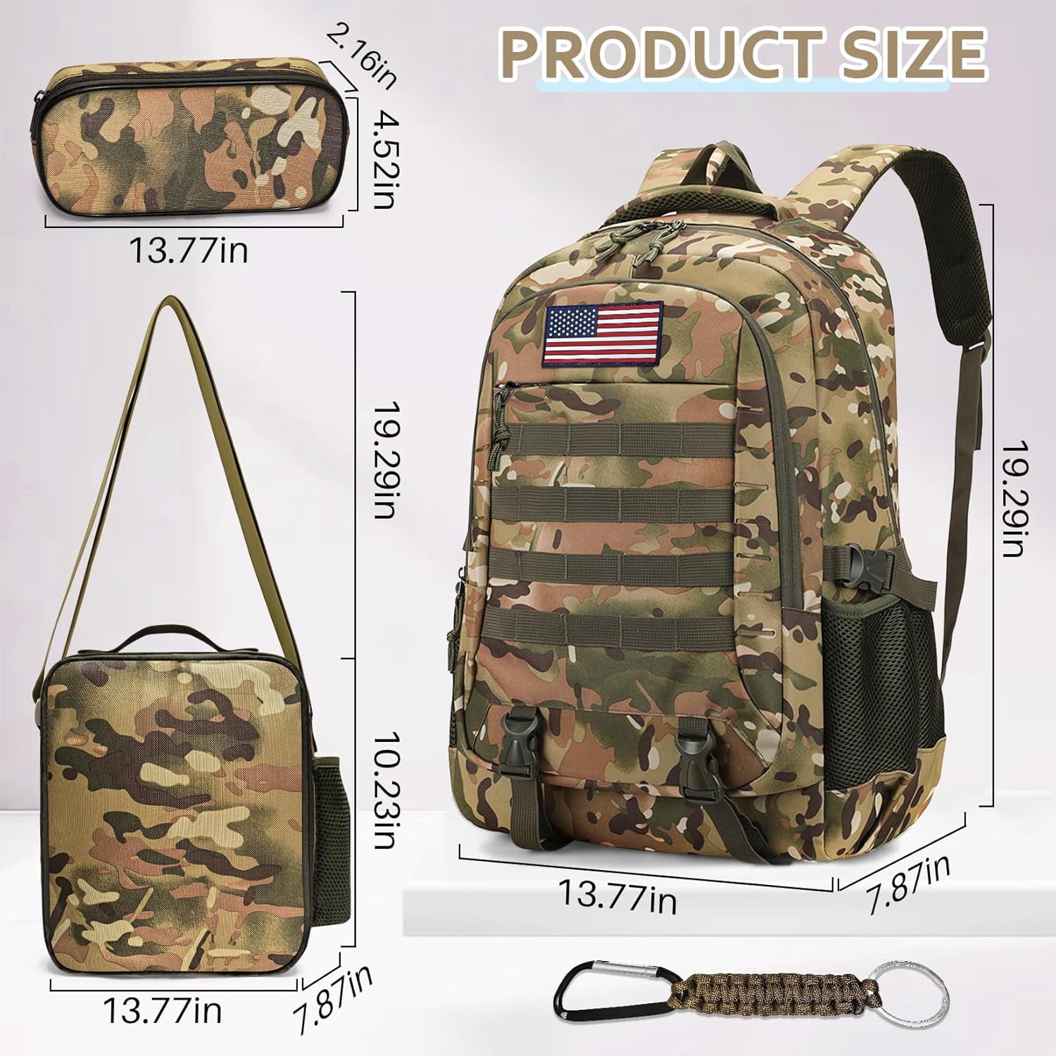 Camo Backpack 3 in 1 Set with Lunch Box & Pencil Case for Boys, 19 Inch School Bookbag for Kids Teens Elementary Middle High School, Lightweight Durable Bag for Outdoor Camping Trave