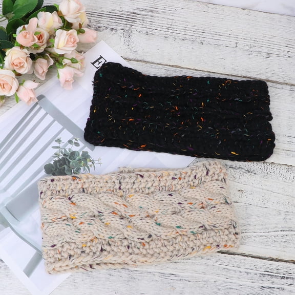 WEUVEB 2Pcs Knit Headbands Wide Rim Fabric Black and Beige for Warmth Daily Use Women