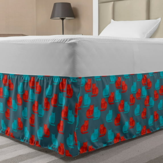 Kitten Bed Skirt, Digital Illustration of Cat Silhouettes Domestic Animals, Elastic Bedskirt Dust Ruffle Wrap Around for Bedding Decor, 4 Sizes, Vermilion Dark Teal, by Ambesonne