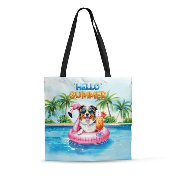 Hello Summer Australian Shepherd at Swimming Pool Flamingo Swim Ring All Over Print 3D Canvas Tote Bag Aussie Dog Lover Gifts Reusable Handbag - 12009