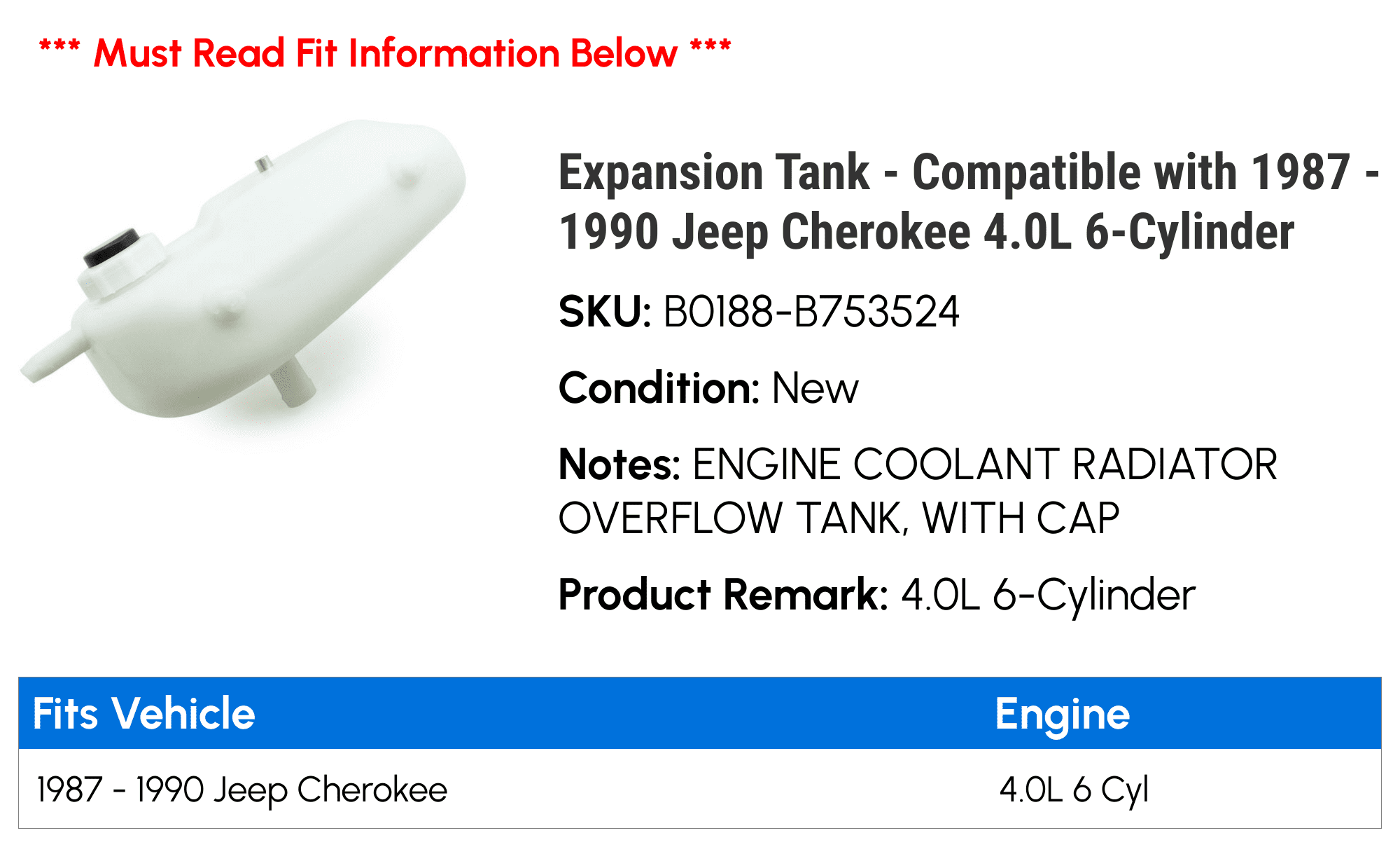 Expansion Tank - Compatible with 1987 - 1990 Jeep Cherokee 4.0L 6-Cylinder 1988 1989