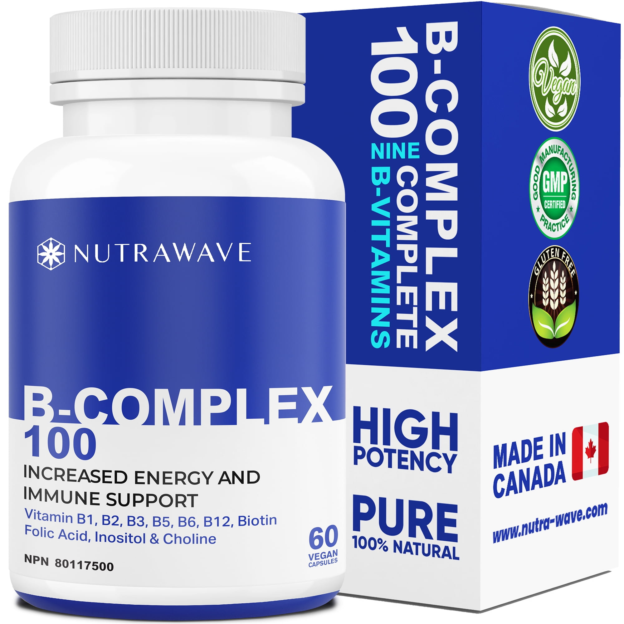 Nutrawave Nutrawave B-Complex High Potency Supplement, B Vitamins for Energy and Stress Support, 60 Vegan Capsules supplement bottle