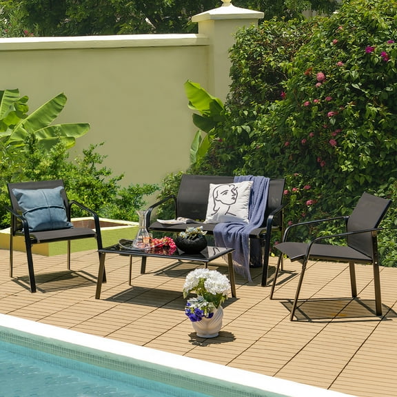 Gymax 4PCS Patio Conversation Futniture Set w/ Fabric and Anti-Rust Steel Frame Black