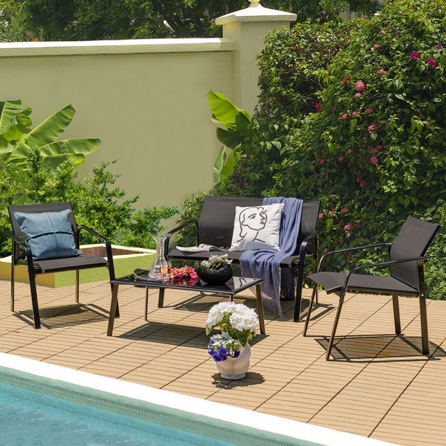 Gymax 4PCS Patio Conversation Futniture Set w/ Fabric and Anti-Rust Steel Frame Black