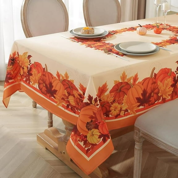 Round Autumn Tablecloth, Pumpkin Tablecloth with Sunflower Pattern, Anti-Overflow and Anti-Wrinkle Durable Polyester Tablecloth, Suitable for Thanksgiving, Harvest, Holiday