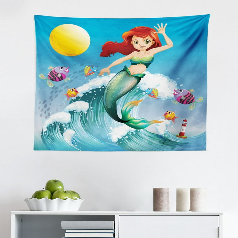 Mermaid Tapestry Underwater World Little Girl and Different Type of Fish Art Fabric Wall Hanging Decor for Bedroom Living Room Dorm 2 Sizes