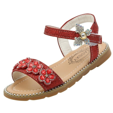 

EHTMSAK Kids Girls Summer First Walkers Shoes Toddler Baby Butterfly Flower Party School Wedding Sandals Red 12M-11Y 34