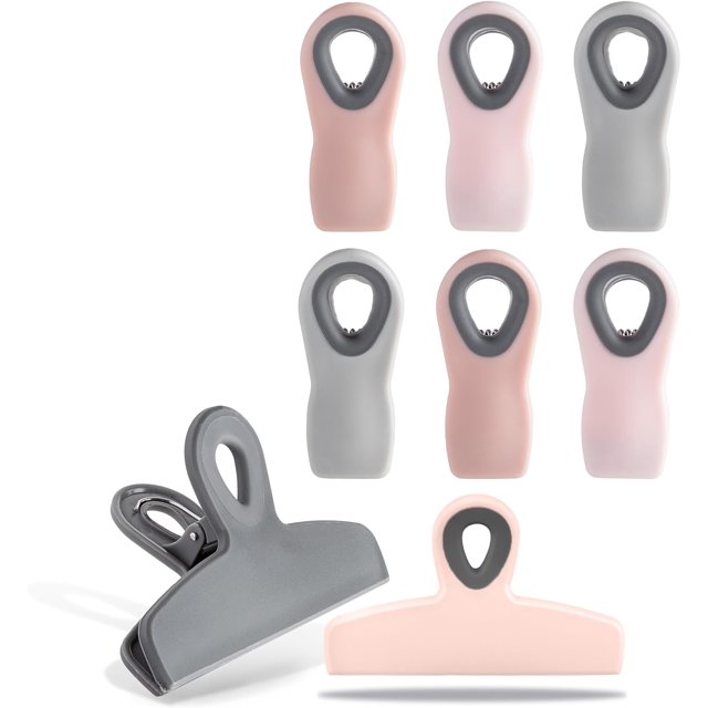 HAHDAXIA Cook with Color Set of Eight Bag Clips, 2 Large Heavy Duty Chip Clip and 6 Refrigerator Magnet Clips for Food Storage with Air Tight Seal Grip for Snack Bags and Food Bags (Pink)