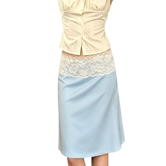 Women High Waist Lace Trim Waistband A-Line Midi Skirt L