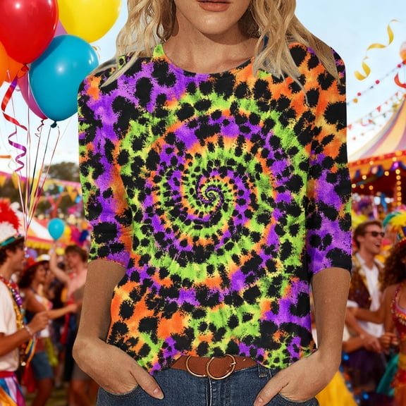 Happy Mardi Gras Shirt for Women Plus Size Funny Print 3/4 Sleeve Mardi Gras Day Tshirts Casual Crew Neck Carnival Theme Party Tee Tops Festival Outfits