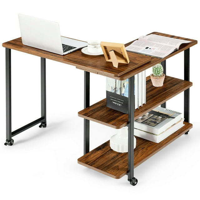 Gymax Table d'Appoint pour Canapé Bibliothèque Rotative à 360° Brevetée avec Roues Marron