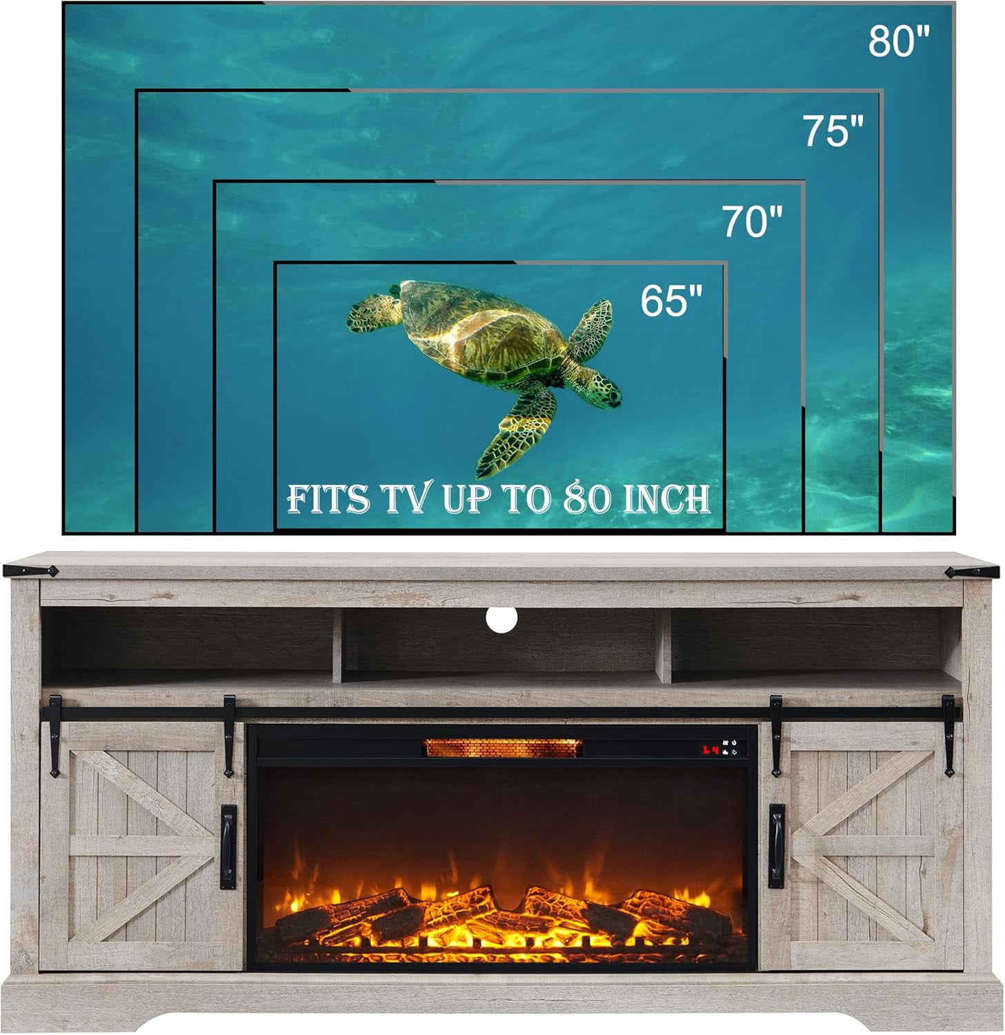 OKD Farmhouse Fireplace TV Stand for 80" TV, Highboy Entertainment Center with 36" Electric Fireplace, Media Console with Sliding Barn Door for Living Room, Light Rustic Oak