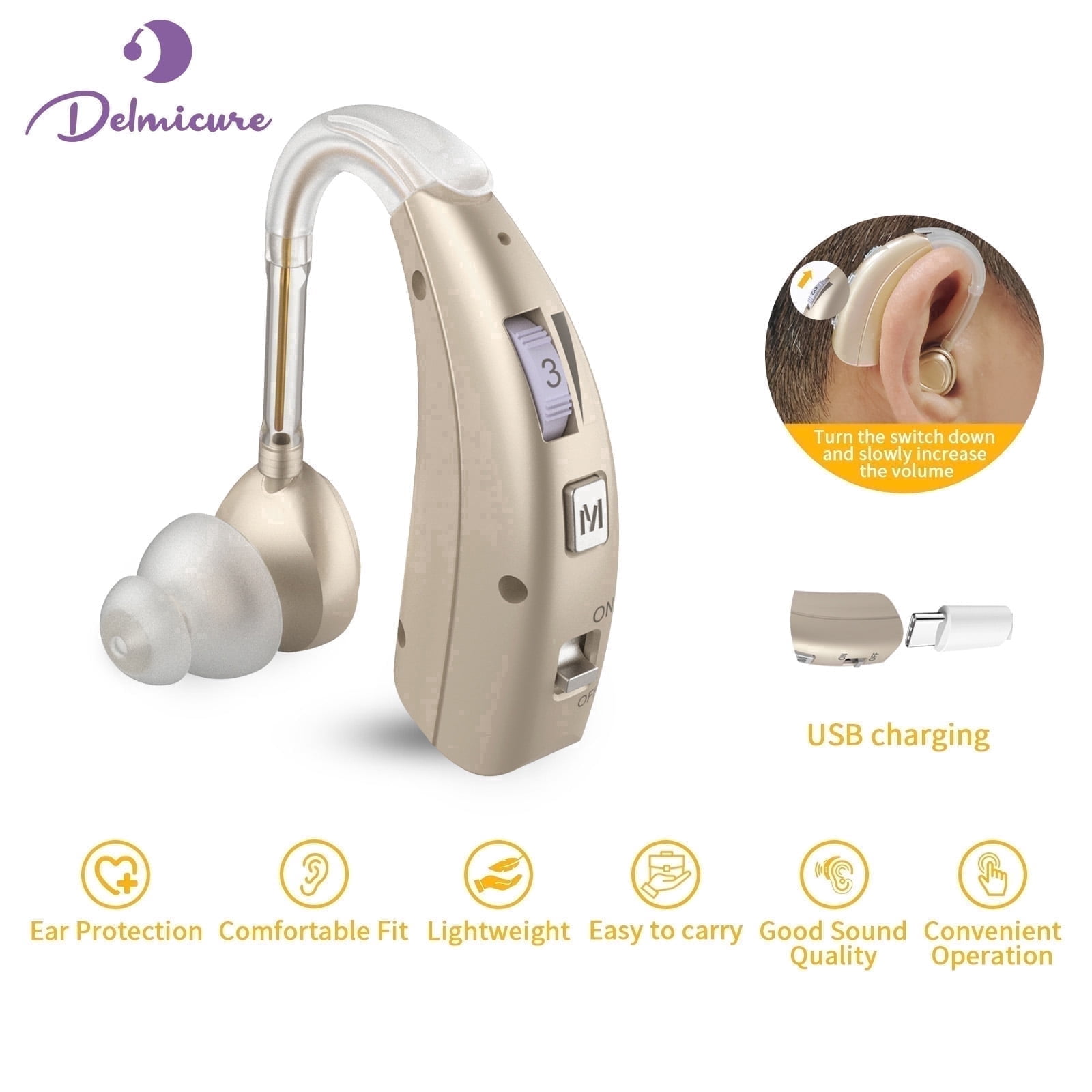 Delmicure Digital Hearing Aid for Seniors, Rechargeable, Single, VHP-1303, Gold