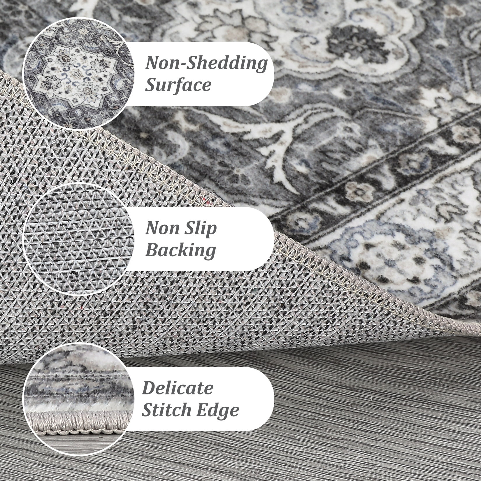GlowSol 8' x 10' Vintage Floral Area Rug Washable Boho Rug Non-Shedding Stain Resistant Carpet for Dining Room Office, Gray